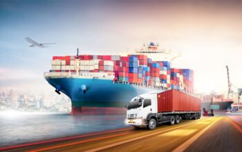 Global business logistics import export and container cargo freight ship loading at port by crane, container handlers, cargo airplane, truck on highway, transport industry concept, Depth blur effect